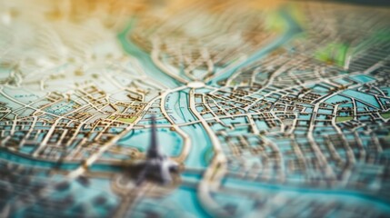 A 3D rendered map captures the dense urban layout of a historic city, featuring winding streets and a central iconic tower, bathed in warm, golden sunlight.