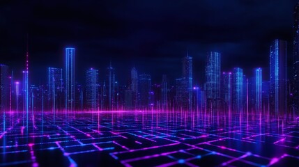 Futuristic cityscape with glowing neon lights and digital grid.