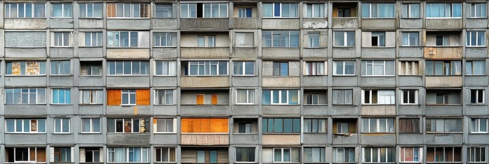 Facade of a Grey Multi-storey Panel building in Russia, Soviet architecture houses