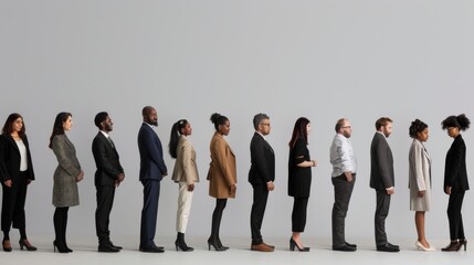 A diverse group standing in a single-file line against a minimalist gray backdrop, reflecting balance, unity, and individualism.