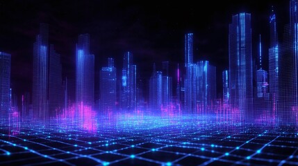 Futuristic cityscape with neon lights and digital effects.