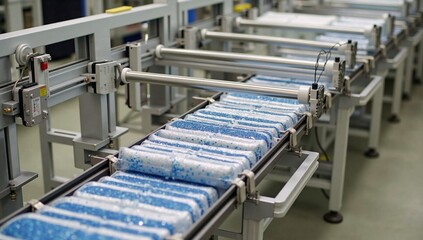 a conveyor belt with a bunch of bottles on it