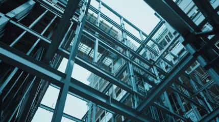 Obraz premium Vertical steel beams of a construction in progress, converging against a pale sky.