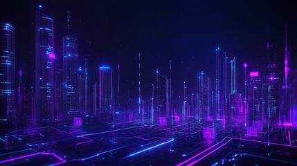 Futuristic cityscape with neon lights and digital elements.