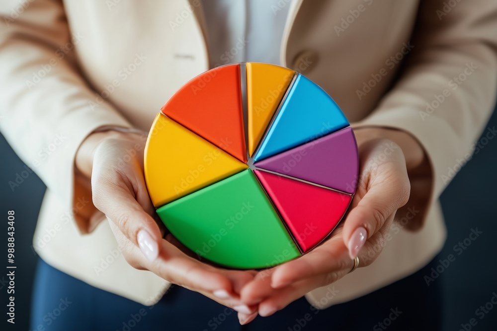 Poster a person holding a colorful pie chart demonstration model during a business presentation in an offic