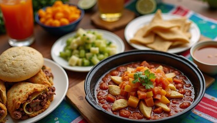 A table topped with plates of food and drinks.