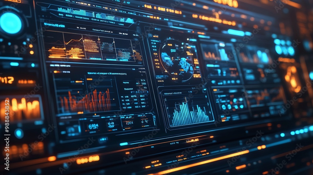 Poster futuristic dashboard interface with data visualization, dark theme