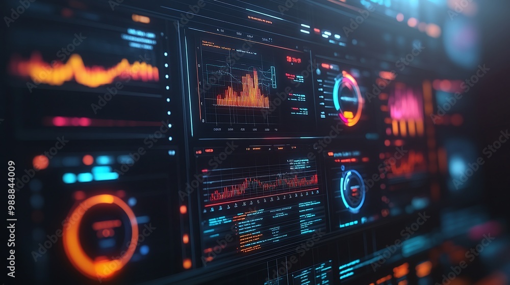 Poster futuristic data visualization interface with vibrant colors