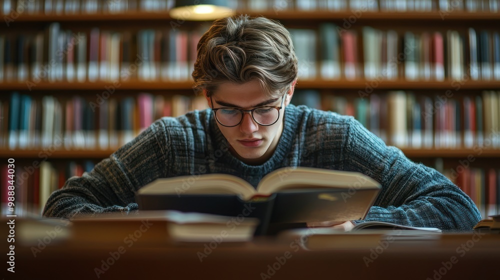 Poster a student deeply focused while studying in a library, representing the dedication and concentration 