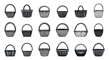 Willow wicker basket black hand drawn icon set. With handle. Empty gift hamper. Eco box for flower easter egg mashroom picnic. Simple black and white isolated vector clipart collection