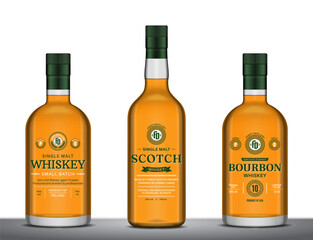 Vector whiskey, bourbon and scotch whisky labels and glass bottle mockups