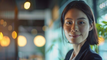 Naklejka premium A young woman in a professional attire stands in an office setting, confidently smiling at the camera amidst soft lighting.