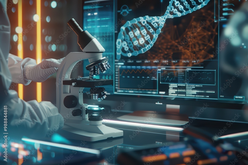 Poster close-up view of a scientist using a microscope with digital displays showing dna analysis and data 