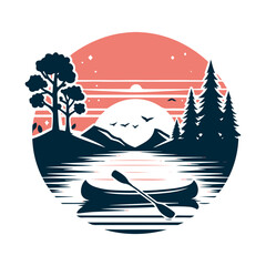 Canoe and a mountain silhouette vector art illustration isolated on a white background