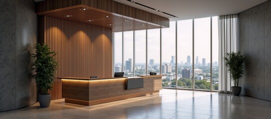 Obraz premium A reception area with a view of the city.