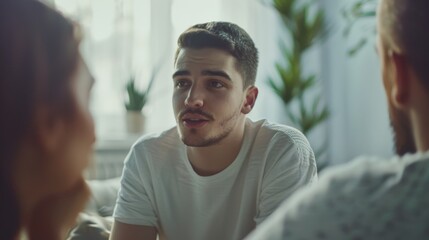 Fototapeta premium A young man in a white shirt passionately discusses something with two other people in a cozy, plant-filled room during daylight.