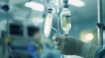 Gloved hands holding an IV fluid bag in a brightly lit clinical setting, highlighting the seriousness in a hospital environment.