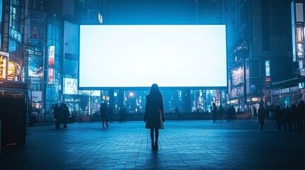 Silhouette of a person in an illuminated urban setting at night.
