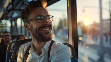 Fototapeta premium A man smiling serenely while sitting on a bus, enjoying the golden hues of the sunset streaming through the window.