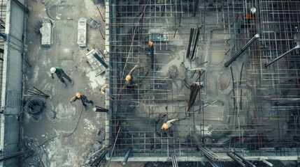 An overhead view of construction workers amidst steel reinforcements on a building site, highlighting the complexity and industrious nature of the project.