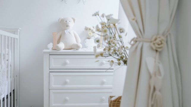 A minimalist, white-themed nursery decorated with gentle elements like a plush teddy bear and simple white furnishings, emitting a serene and calming vibe.
