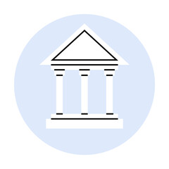 A classic Greek temple with four pillars and a triangular pediment is centered within a light blue circle. Ideal for architecture, history, education, cultural heritage, ancient Greece. Clean line art