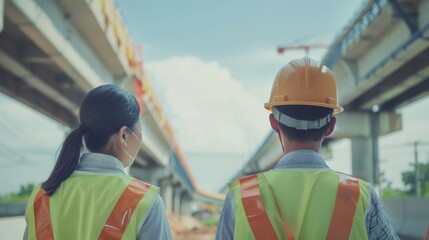 Two construction workers in safety vests and helmets overseeing the progress of an elevated bridge under a clear blue sky.