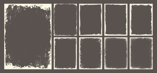 Overlay grunge frame pattern, vintage banner border silhouette and torn paper background set with watercolor paint brush stroke and dirty texture effect. Social media business cover or invitation card