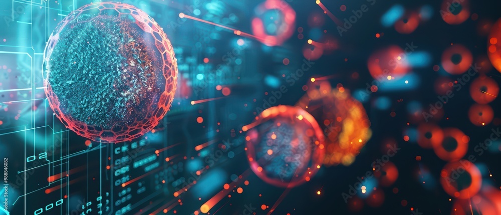Poster dynamic visualization of cells and data interaction, showcasing the fusion of biology and technology