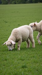 Obraz premium Two lambs are grazing in a grassy field.