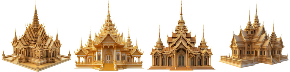 Fototapeta premium Beautiful golden architectural models representing traditional temple designs, showcasing intricate details and craftsmanship. on transparent cutout, PNG file