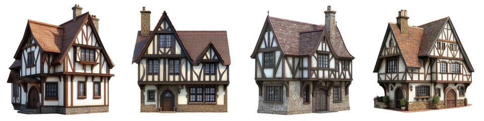 Charming collection of traditional Tudor-style houses showcasing unique architecture and elegant design elements. on transparent cutout, PNG file