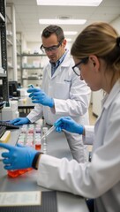 Fototapeta premium A man and a woman in lab coats working in a laboratory.