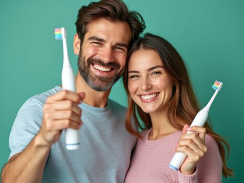 Smiling couple holding electric toothbrushes with colorful bristles, promoting healthy dental care routines, close-up portrait of man and woman in casual clothing against green background