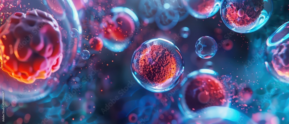 Poster intricate visualization of cells in vibrant colors, highlighting the complexity of biological struct
