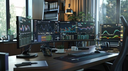 A sophisticated multi-monitor trading setup occupies a modern office, ready for high-stakes financial decision-making with intensive data trends analysis.