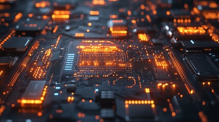 vibrant circuit board design highlighting futuristic data storage technology with glowing orange and blue elements, representing cutting-edge innovation and efficiency in the world of digital electron