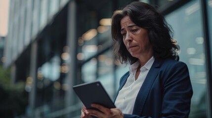 A professional woman in a navy blazer, engrossed in reading on a tablet, stands outside an office building with modern glass architecture.
