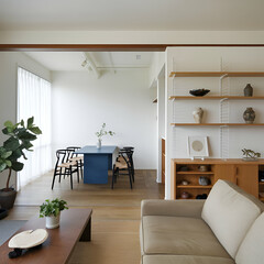 Japandi, minimalist interior design of modern living room. Dining room with blue dining table and stylish chairs.