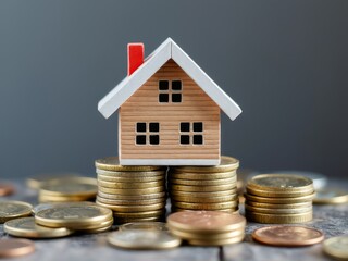 Miniature house model sitting on top of stacked gold coins, symbolizing real estate investment, housing market, mortgage, and financial growth in a conceptual close-up image