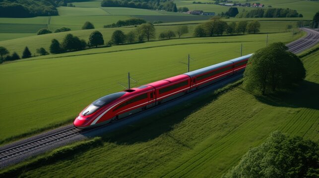 Red Train Traveling Through Lush Green Landscape - Powered by Adobe