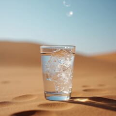 A glass of water with ice sitting in the sand.