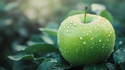 a single green apple with a dewdrop, representing freshness and organic farming