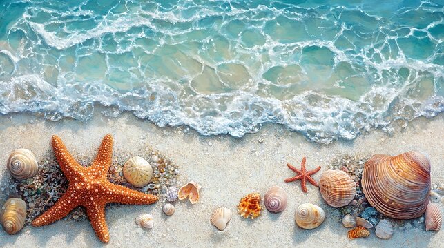 beach shoreline with clear blue water washing over white sand, seashells, coral fragments, and a bright orange starfish scattered, capturing the peaceful beauty of nature - Powered by Adobe