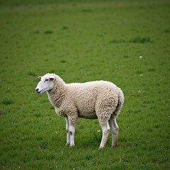 A sheep standing on top of a lush green field.