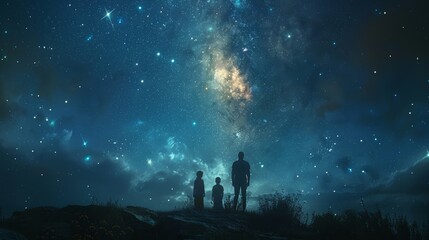 Fototapeta premium Family Enjoying a Starry Night Sky on a Scenic Hilltop - Happiness and Adventure in Nature