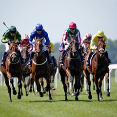 A group of jockeys riding horses on a race track.