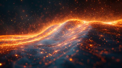 Obraz premium Futuristic Digital Landscape with Glowing Particles and Abstract Waves in a High-Tech Sci-Fi Background