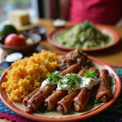 A plate of sausages/ rice and guacamole on a table.