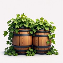 Two wooden barrels with ivy growing on them.